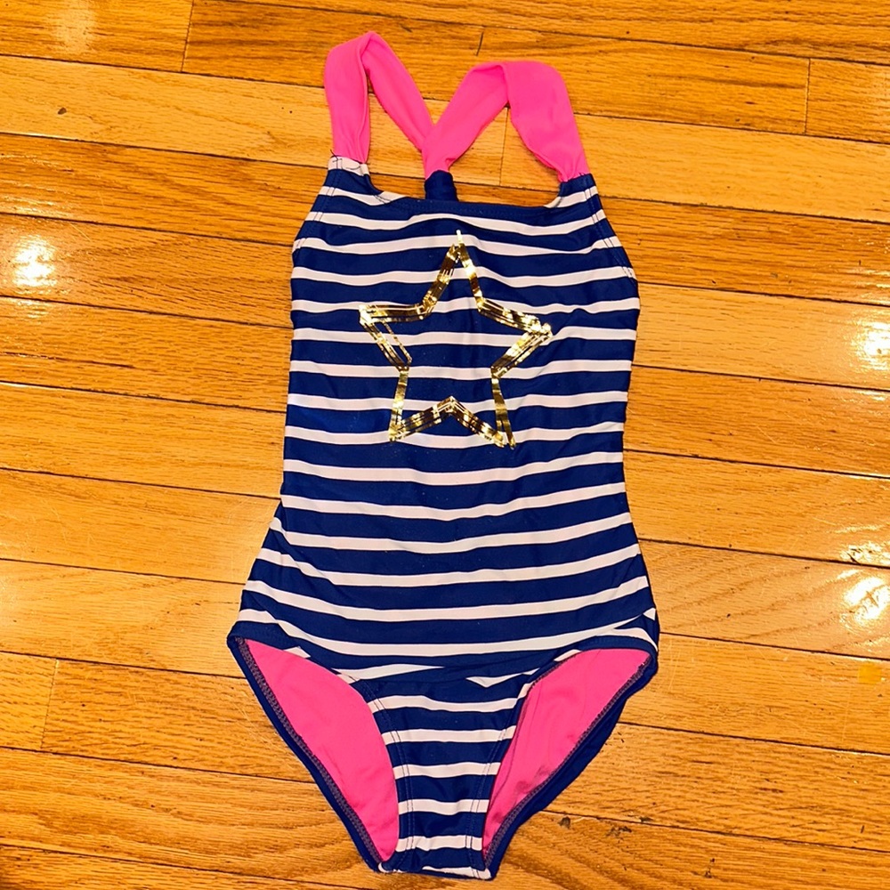 Circo Girls One Piece Swimsuit Blue White Gold Pink Star Stripe Size Small 6 6x